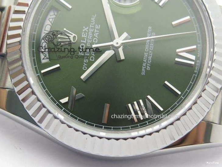 MiroTime 0508 Stretchable DayDate 40mm BP-Maker 228206 SS Green Roman Dial (Fluted Bezel) On SS Bracelet ETA 3904